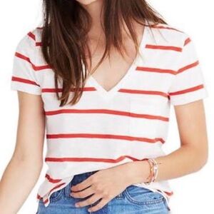 Madewell Whisper Red Striped V Neck Tee crewneck bright ivory/red size s…